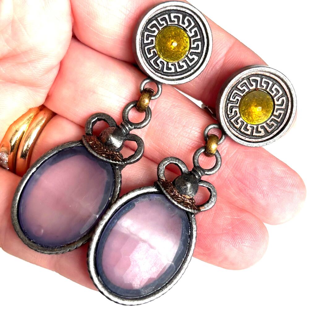 Unique Clip On Earrings drop & dangle style colored stones antiqued purple gold